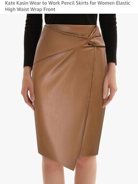Kate Kasin Brown Faux Leather Wrap Pencil Skirt